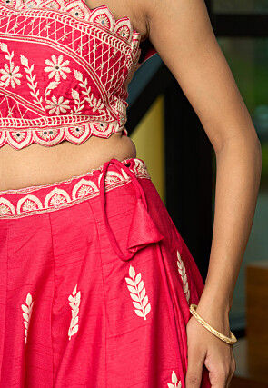 Embroidered Art Silk Lehenga in Red