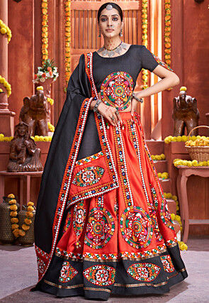 Embroidered Art Silk Lehenga in Red