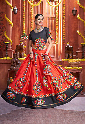 Embroidered Art Silk Lehenga in Red