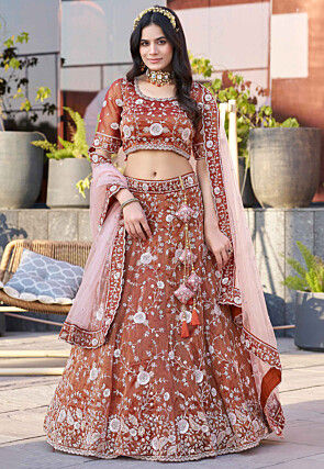 Embroidered Art Silk Lehenga in Rust