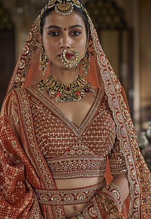 Embroidered Art Silk Lehenga in Rust