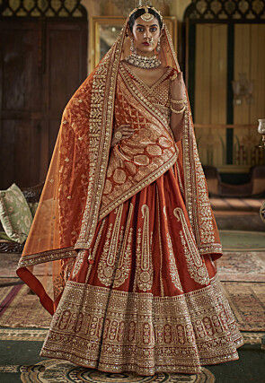Embroidered Art Silk Lehenga in Rust
