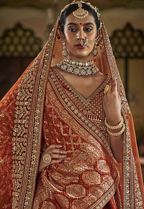 Embroidered Art Silk Lehenga in Rust