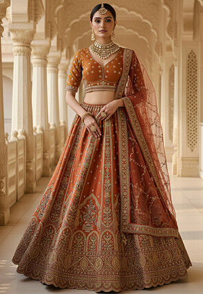 Embroidered Art Silk Lehenga in Rust