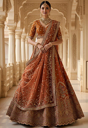 Embroidered Art Silk Lehenga in Rust