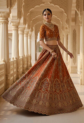 Embroidered Art Silk Lehenga in Rust