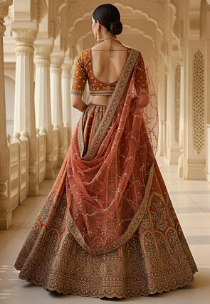 Embroidered Art Silk Lehenga in Rust