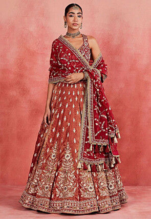 Embroidered Art Silk Lehenga in Rust