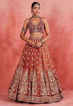 Embroidered Art Silk Lehenga in Rust