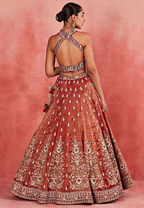 Embroidered Art Silk Lehenga in Rust