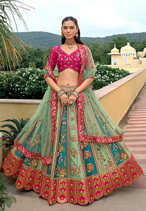 Embroidered Art Silk Lehenga in Sea Green and Teal Blue