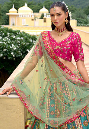 Embroidered Art Silk Lehenga in Sea Green and Teal Blue