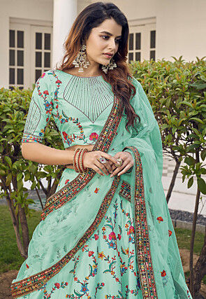 Embroidered Art Silk Lehenga in Sea Green