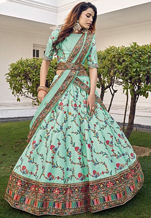 Embroidered Art Silk Lehenga in Sea Green