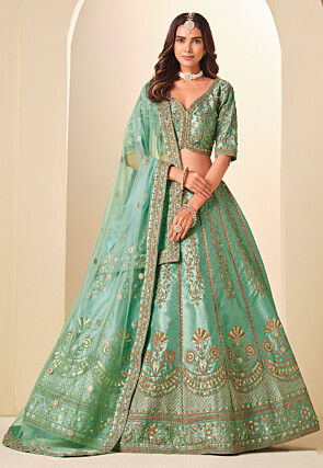 Embroidered Art Silk Lehenga in Sea Green