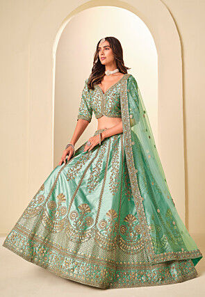 Embroidered Art Silk Lehenga in Sea Green