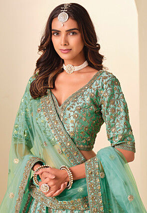 Embroidered Art Silk Lehenga in Sea Green