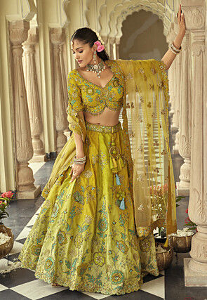Embroidered Art Brocade Silk Scalloped Lehenga in Green