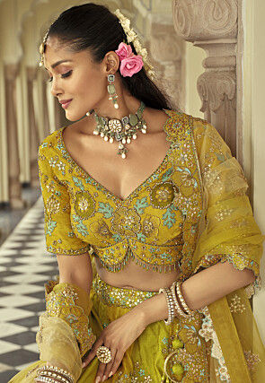 Embroidered Art Brocade Silk Scalloped Lehenga in Green