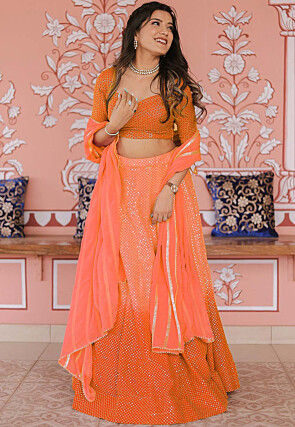 Embroidered Art Silk Lehenga in Shaded Orange