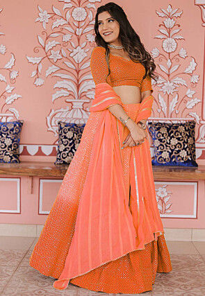 Embroidered Art Silk Lehenga in Shaded Orange