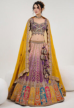Embroidered Art Silk Lehenga in Shaded Purple and Peach