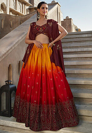 Embroidered Art Silk Lehenga in Shaded Red and Yellow
