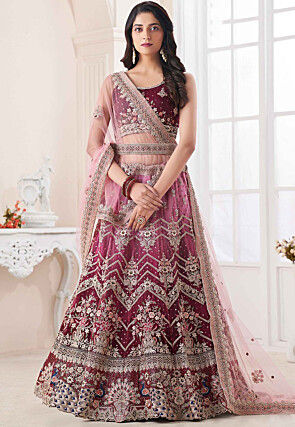 Embroidered Art Silk Lehenga in Shaded Wine and Pink