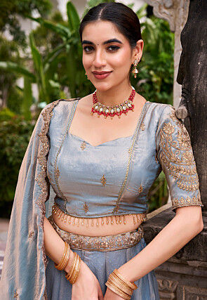Embroidered Art Silk Lehenga in Sky Blue