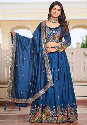 Embroidered Art Silk Lehenga in Teal Blue