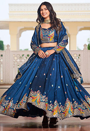 Embroidered Art Silk Lehenga in Teal Blue