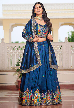 Embroidered Art Silk Lehenga in Teal Blue