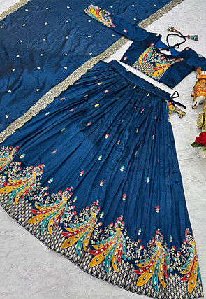 Embroidered Art Silk Lehenga in Teal Blue