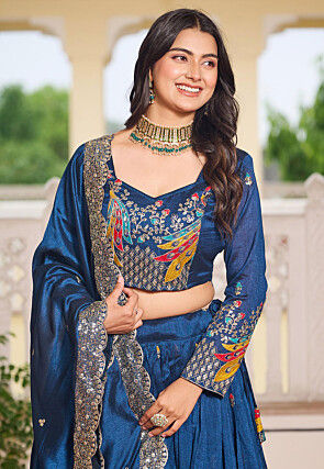 Embroidered Art Silk Lehenga in Teal Blue