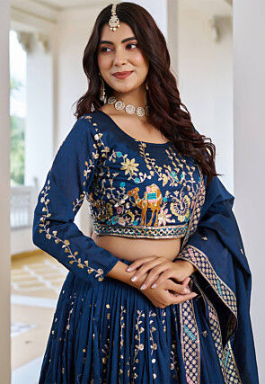 Embroidered Art Silk Lehenga in Teal Blue