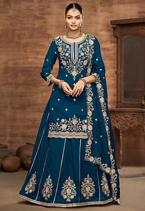 Embroidered Art Silk Lehenga in Teal Blue