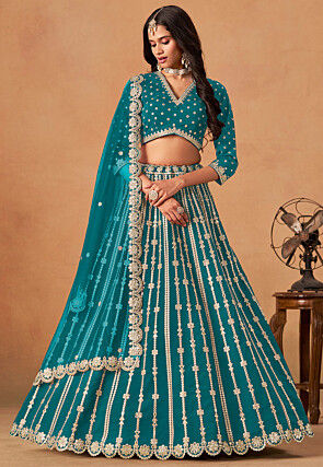 Embroidered Art Silk Lehenga in Teal Blue