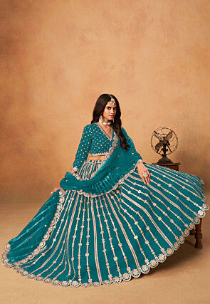Embroidered Art Silk Lehenga in Teal Blue
