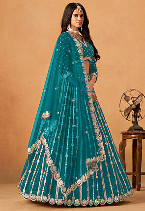 Embroidered Art Silk Lehenga in Teal Blue