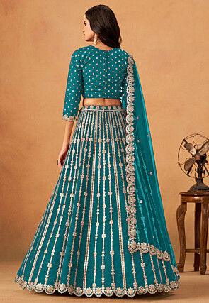 Embroidered Art Silk Lehenga in Teal Blue