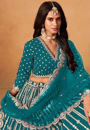 Embroidered Art Silk Lehenga in Teal Blue