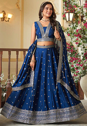 Embroidered Art Silk Lehenga in Teal Blue