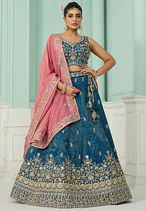 Embroidered Art Silk Lehenga in Teal Blue