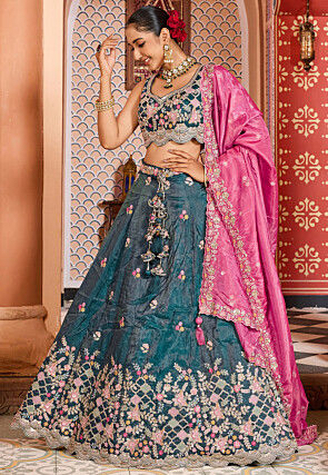 Embroidered Art Silk Lehenga in Teal Blue