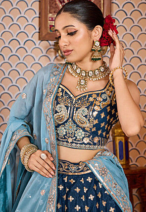 Embroidered Art Silk Lehenga in Teal Blue