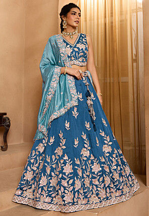 Embroidered Art Silk Lehenga in Teal Blue