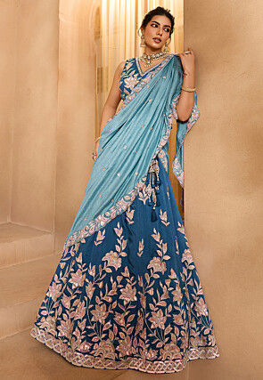 Embroidered Art Silk Lehenga in Teal Blue