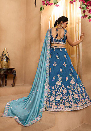 Embroidered Art Silk Lehenga in Teal Blue