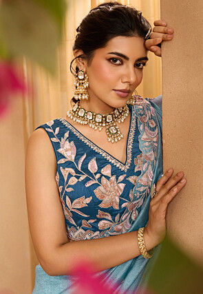 Embroidered Art Silk Lehenga in Teal Blue