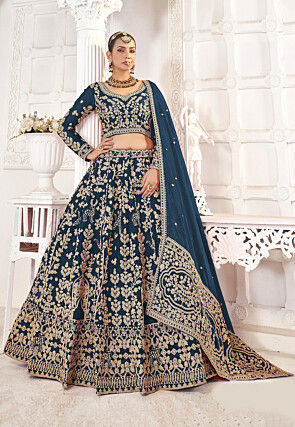 Embroidered Art Silk Lehenga in Teal Blue